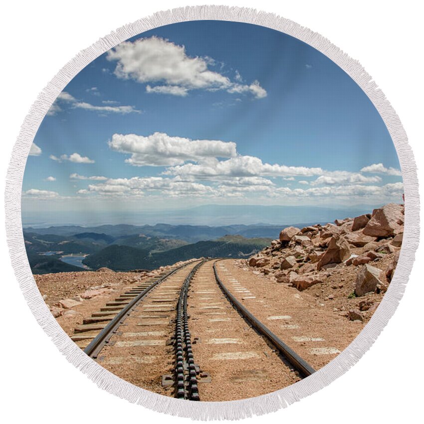 Architecture Round Beach Towel featuring the photograph Pikes Peak Cog Railway Track at 14,110 Feet by Peter Ciro