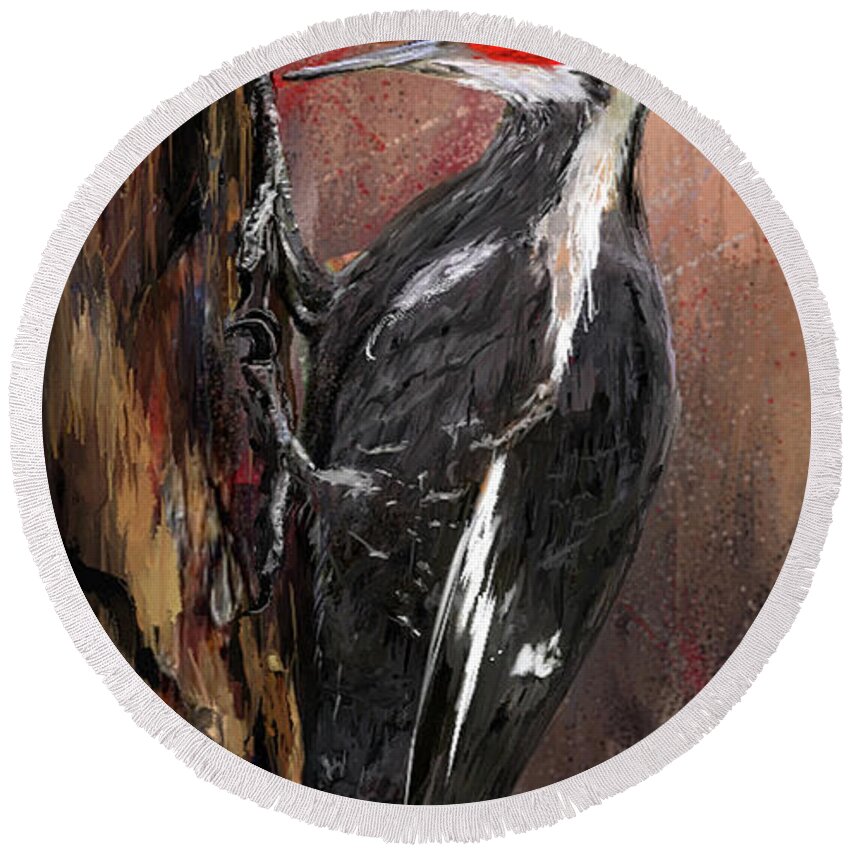 Pileated Woodpecker Round Beach Towel featuring the painting Pileated Woodpecker Art by Lourry Legarde