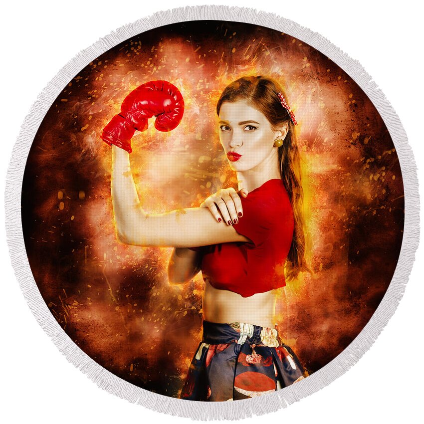 Boxing Round Beach Towel featuring the digital art Pin up boxing girl by Jorgo Photography