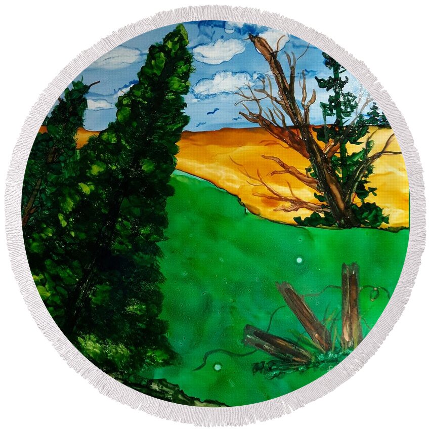 Alcohol Round Beach Towel featuring the painting Pine Ridge by Terri Mills