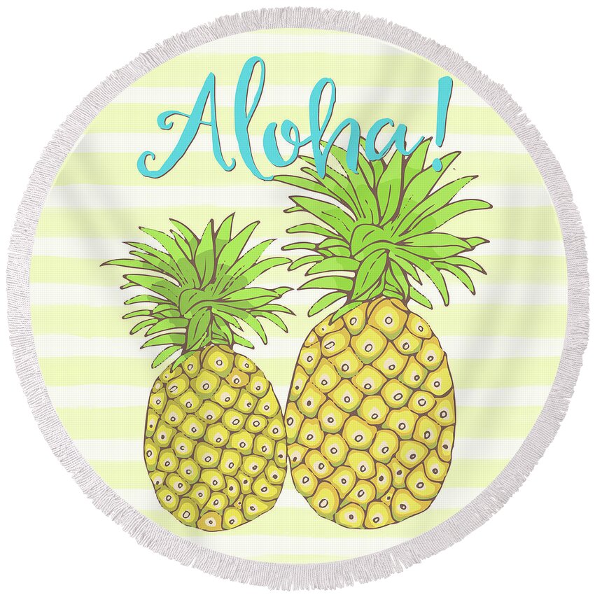 Pineapple Round Beach Towel featuring the painting Pineapple Aloha tropical fruit of welcome Hawaii by Tina Lavoie