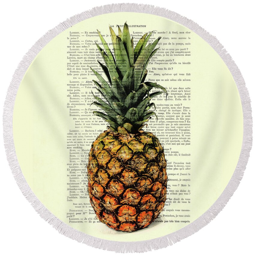 Pineapple Round Beach Towel featuring the digital art Pineapple in color illustration by Madame Memento