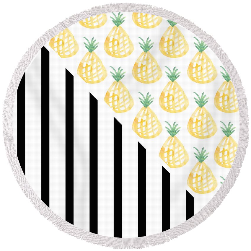 Pineapple Round Beach Towel featuring the mixed media Pineapples and Stripes by Linda Woods