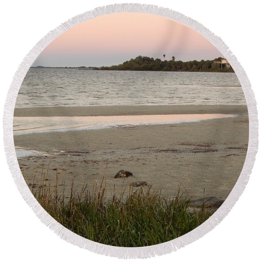 Pink Sky Reflected In The Water Just After Sunset At The Beach. Round Beach Towel featuring the photograph PineIsland by Priscilla Batzell Expressionist Art Studio Gallery