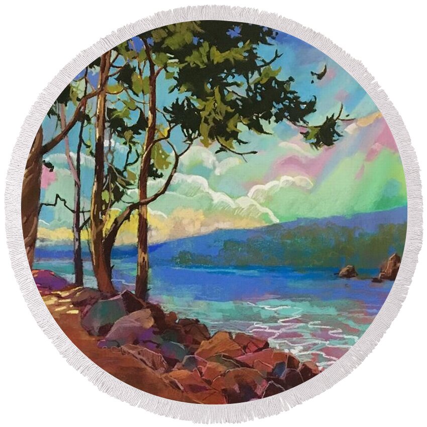 Pine Trees Round Beach Towel featuring the painting Pines pass by Celine K Yong