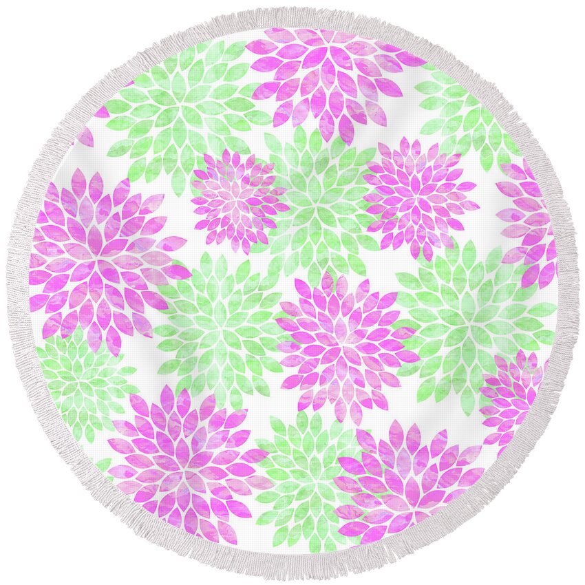Graphic-design Round Beach Towel featuring the digital art Pink And Green Flowers by Sylvia Cook