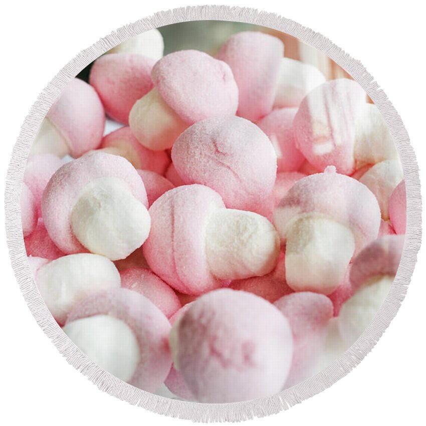 Beautiful Round Beach Towel featuring the photograph Pink And White Marshmallows In Bowl by JM Travel Photography