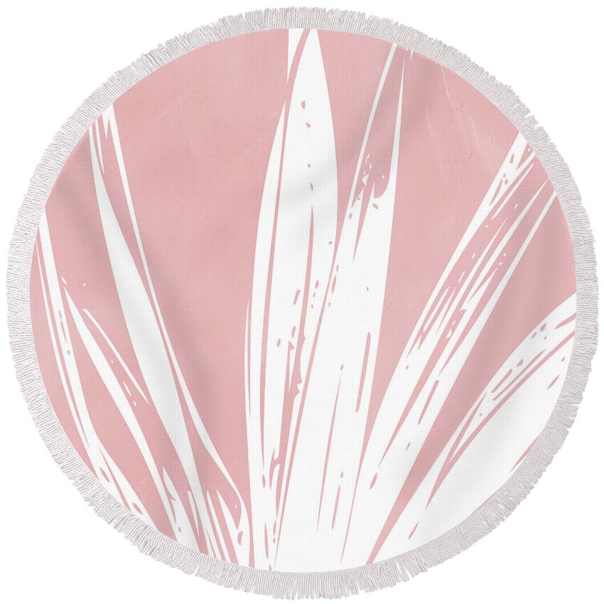 Leaf Round Beach Towel featuring the mixed media Pink and White Tropical Leaf- Art by Linda Woods by Linda Woods