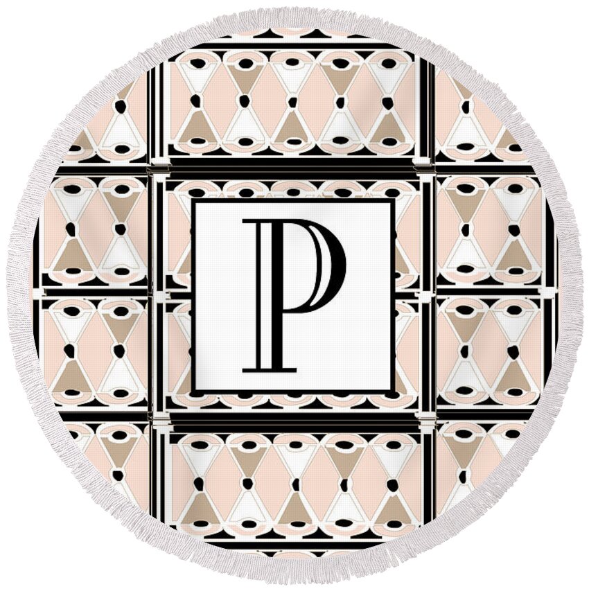 Art Deco Round Beach Towel featuring the digital art Pink Champagne Deco Monogram P by Cecely Bloom