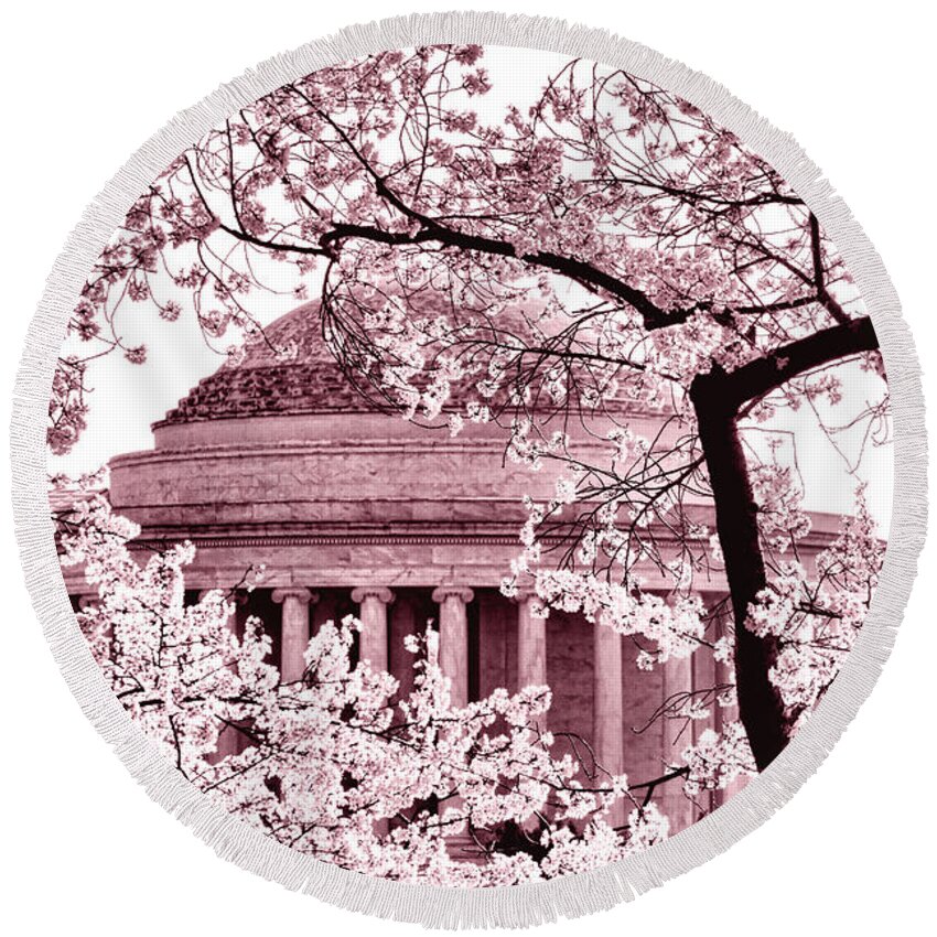 Japanese Round Beach Towel featuring the photograph Pink Cherry Trees at the Jefferson Memorial by Olivier Le Queinec
