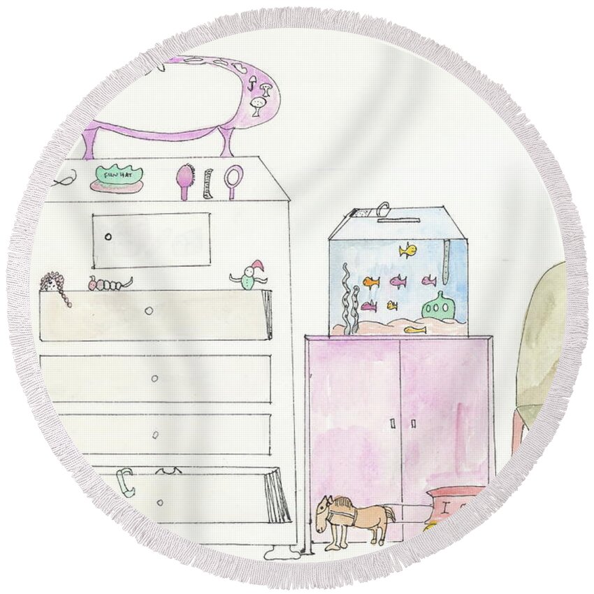 Pink Round Beach Towel featuring the painting Pink Dolly Bedroom by Helen Holden-Gladsky