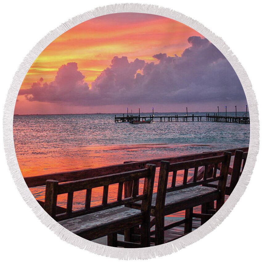 Sunset Round Beach Towel featuring the photograph Pink Fire Sunset by Becqi Sherman