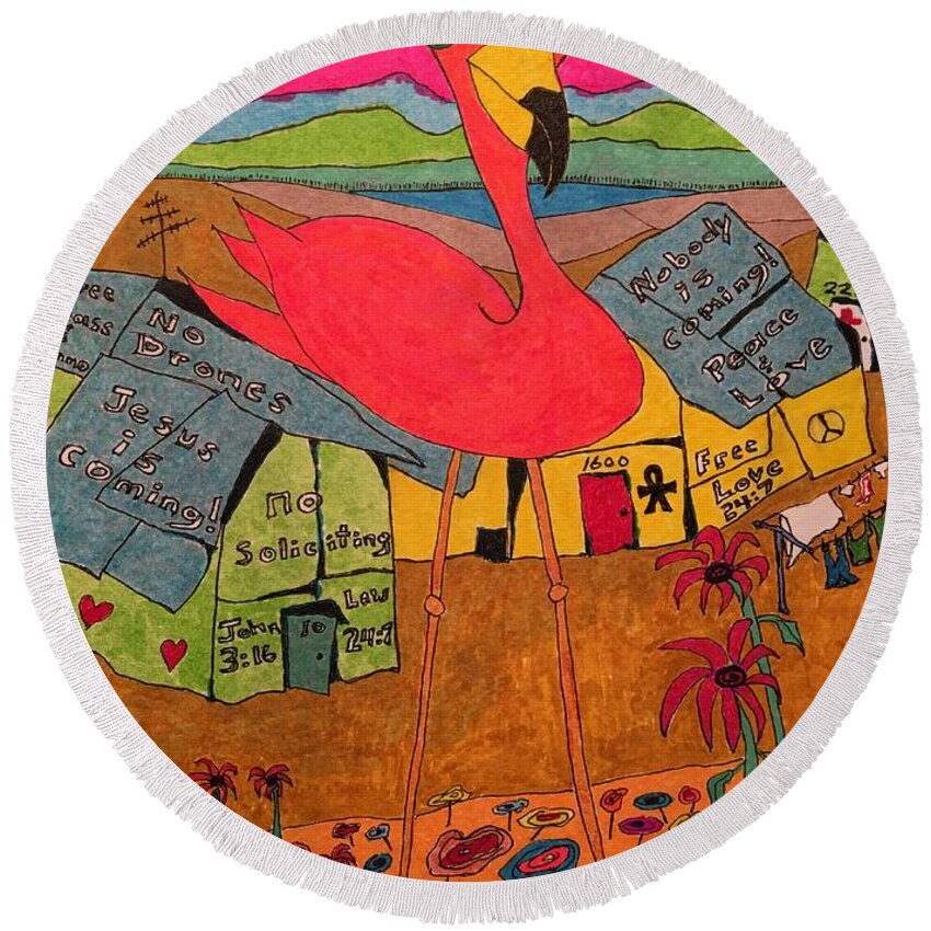 Hagood Round Beach Towel featuring the painting Pink Flamingo Camp by Lew Hagood