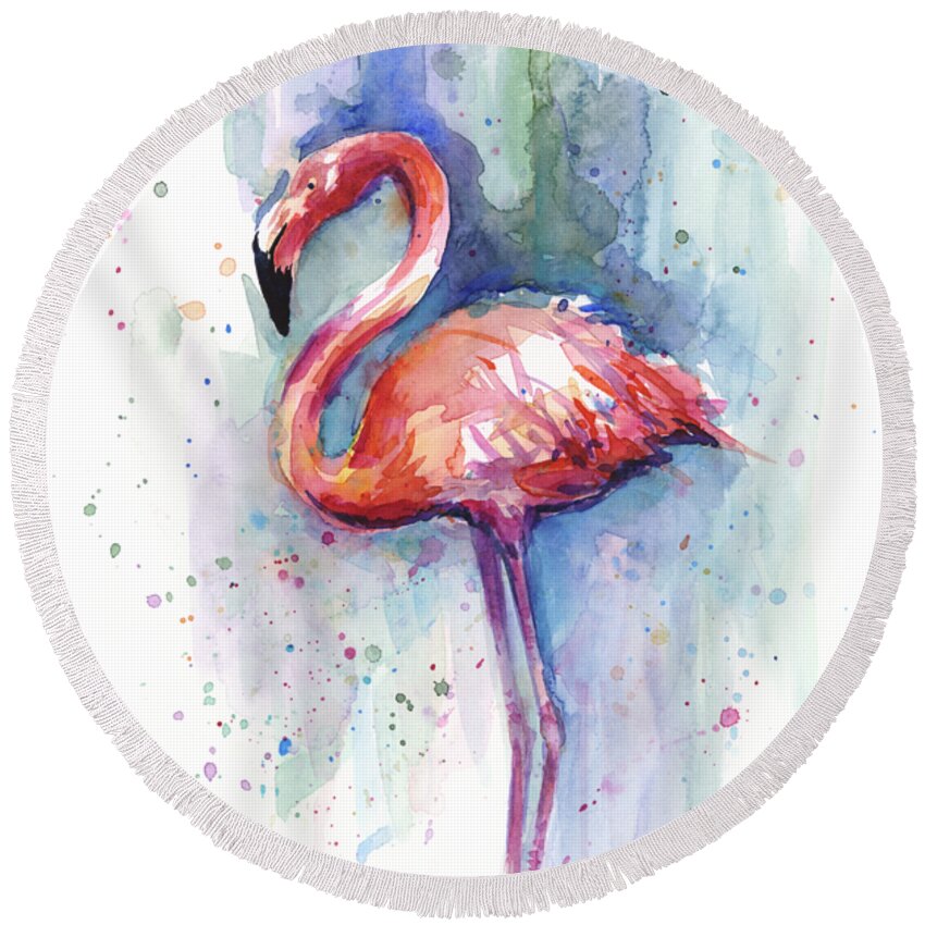 Watercolor Round Beach Towel featuring the painting Pink Flamingo Watercolor by Olga Shvartsur