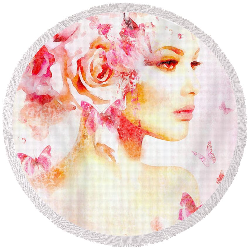 Pink Round Beach Towel featuring the digital art Pink Floral Nymph in watercolor by Lilia S