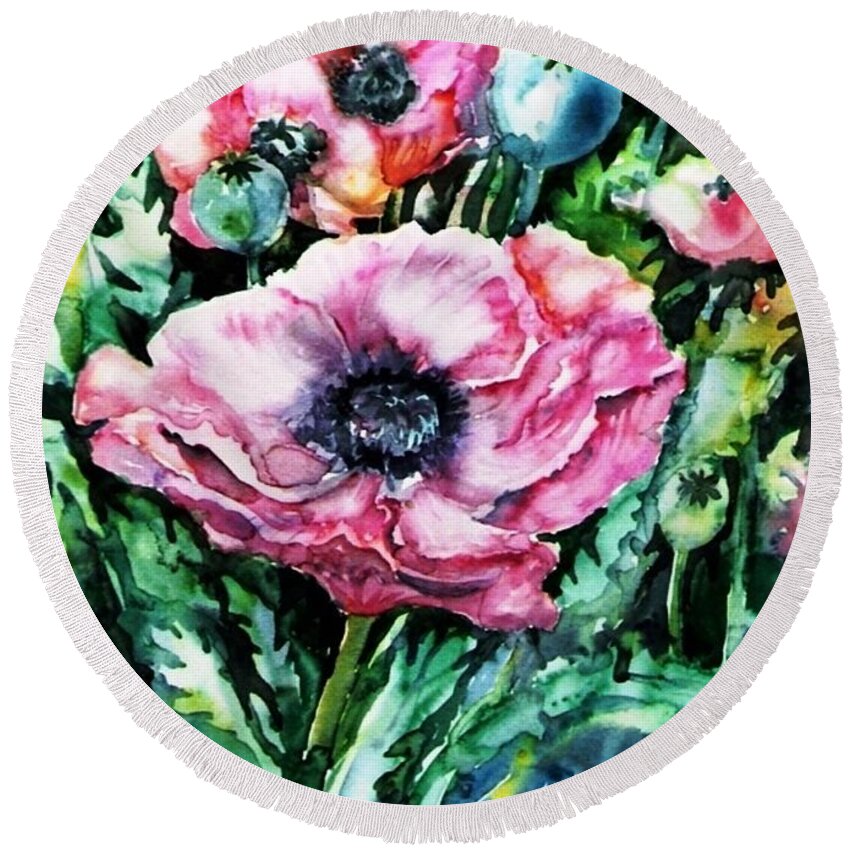 Poppies Round Beach Towel featuring the painting Pink Garden Poppies by Trudi Doyle