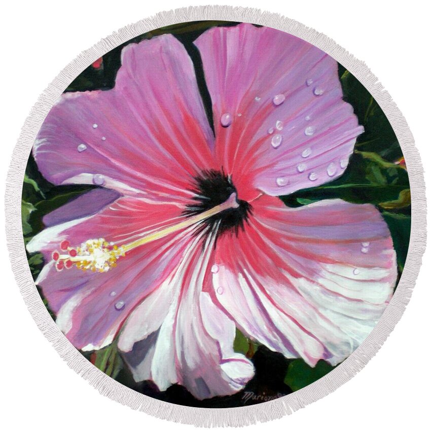 Pink Round Beach Towel featuring the painting Pink Hibiscus with Raindrops by Marionette Taboniar