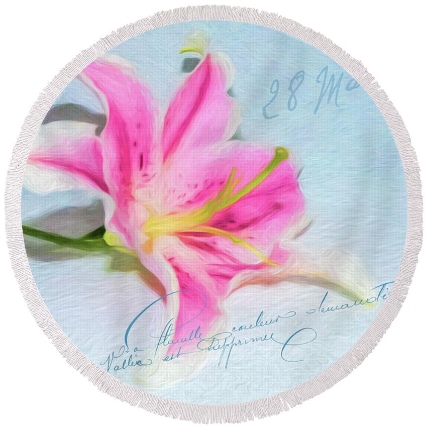 Lily Round Beach Towel featuring the photograph Pink Lily by Cathy Kovarik