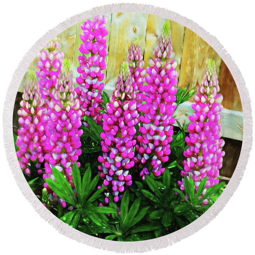 Green Round Beach Towel featuring the photograph Pink Lupine by Leslie Montgomery