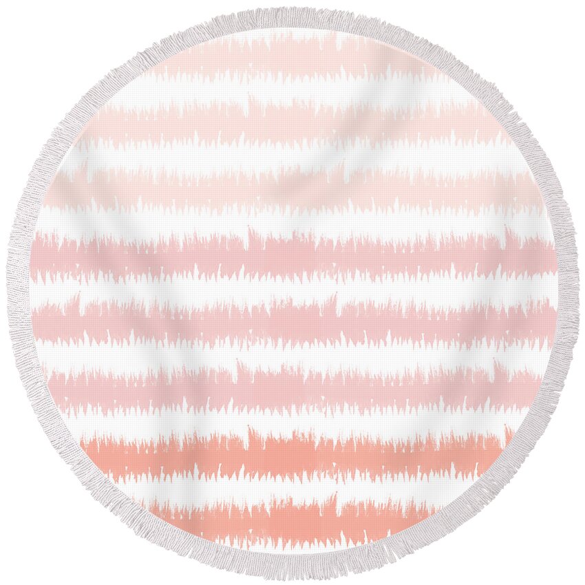 Pink Round Beach Towel featuring the mixed media Pink Ombre Ikat Stripe- Art by Linda Woods by Linda Woods
