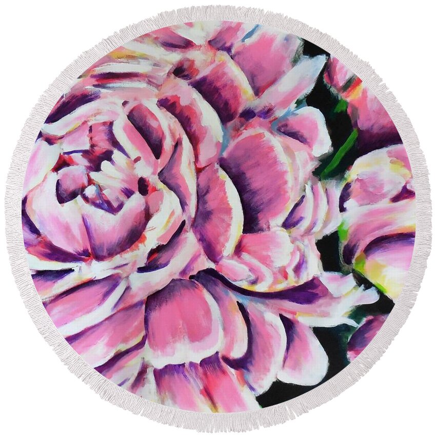 Peony Round Beach Towel featuring the painting Pink Peonies by Cami Lee