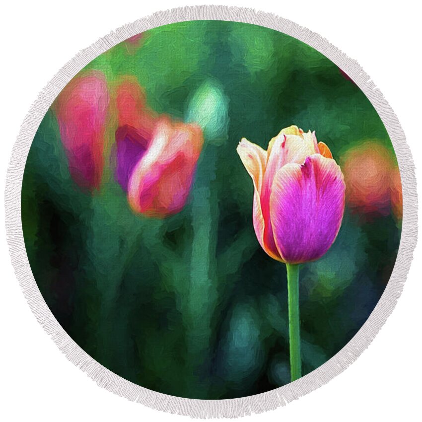Single Tulip Round Beach Towel featuring the photograph Pink Petals by Sharon McConnell