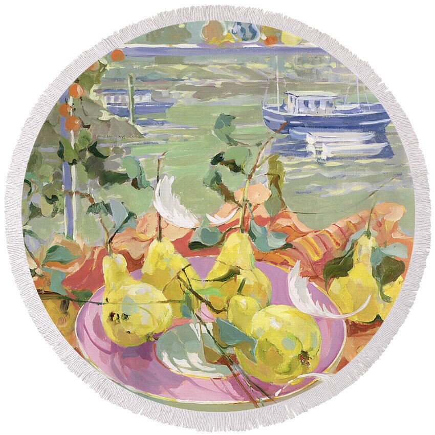 Still-life Round Beach Towel featuring the painting Pink Plate of Pears by Elizabeth Jane Lloyd