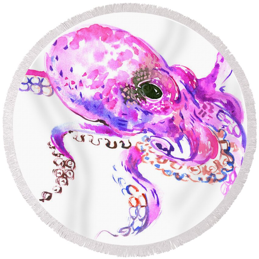 Octopus Round Beach Towel featuring the painting Pink Purple Octopus by Suren Nersisyan