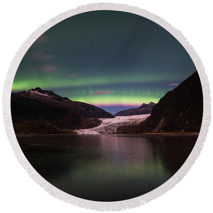 Northern Lights Round Beach Towel featuring the photograph Pink Rainbow by David Kirby