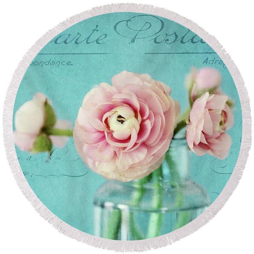 Ranunculus Round Beach Towel featuring the photograph Pink Ranunculus With Text by Sylvia Cook