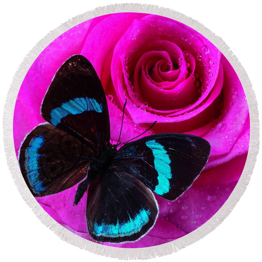 Rose Round Beach Towel featuring the photograph Pink Rose And Black Blue Butterfly by Garry Gay