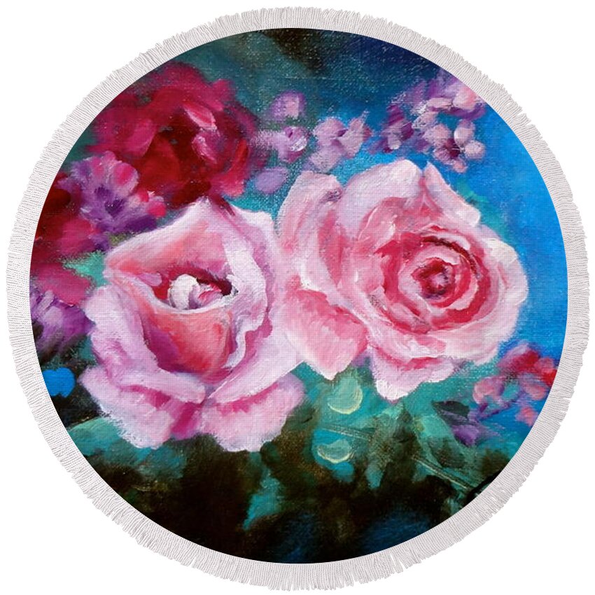 Pink Round Beach Towel featuring the painting Pink Roses on Blue by Jenny Lee