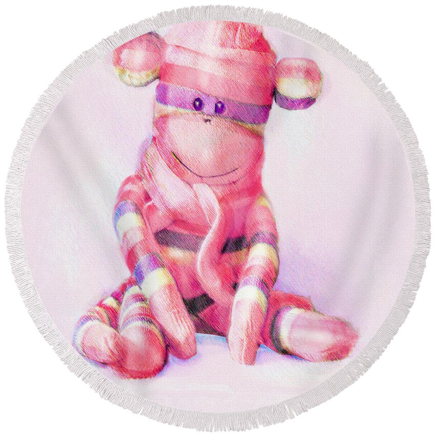 Monkey Round Beach Towel featuring the digital art Pink Sock Monkey by Jane Schnetlage