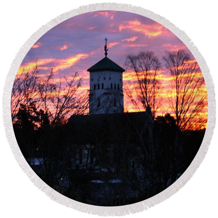 Sunset Pink Yellow Silhouette Christian Church God Architecture Trees Clouds Sun Building House Worship Believes Believe Clouds Cloud Europe Norway Scandinavia Landscape Trees View Panorama View Black Round Beach Towel featuring the photograph Pink Sunset Over the Church by Jeanette Rode Dybdahl