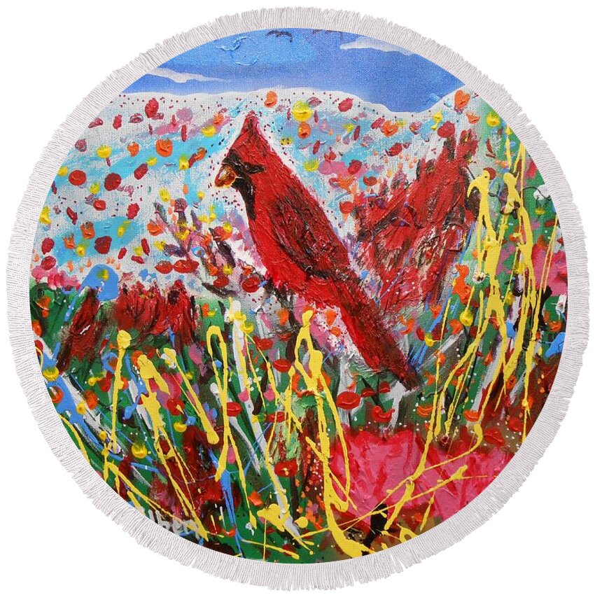 Abstract Round Beach Towel featuring the painting Cardinal's Pink Tulip Flower Garden by GH FiLben