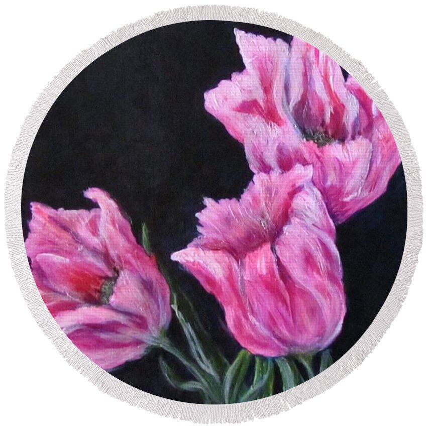 Flowers Round Beach Towel featuring the painting Pink Tulips by Barbara O'Toole