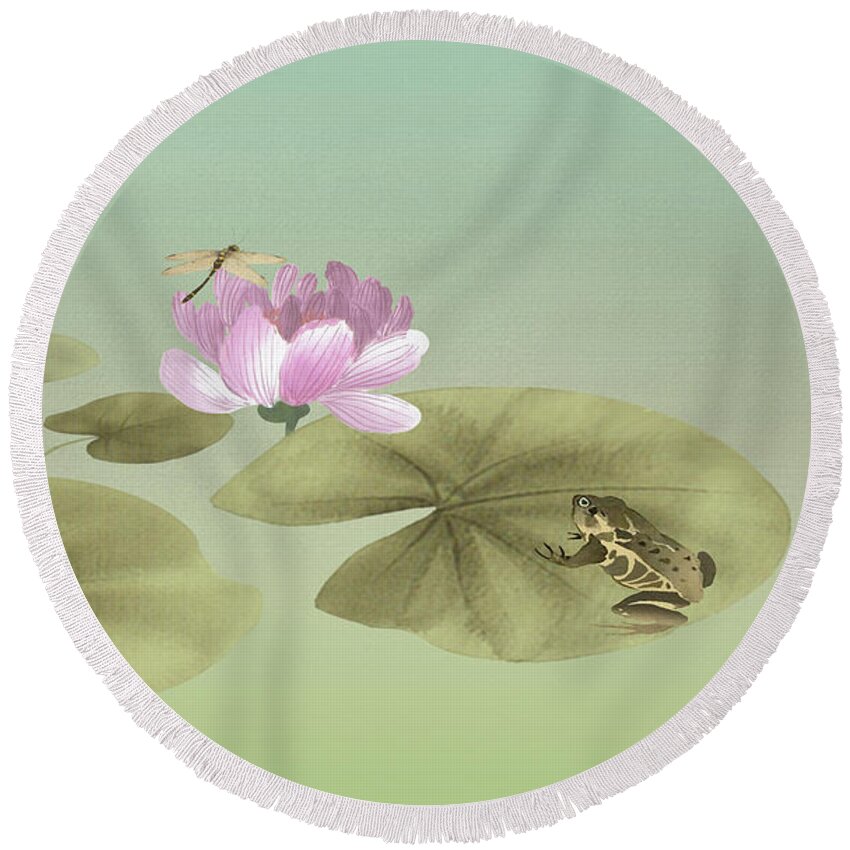 Water Lily Round Beach Towel featuring the digital art Pink Water Lily and Frog by M Spadecaller