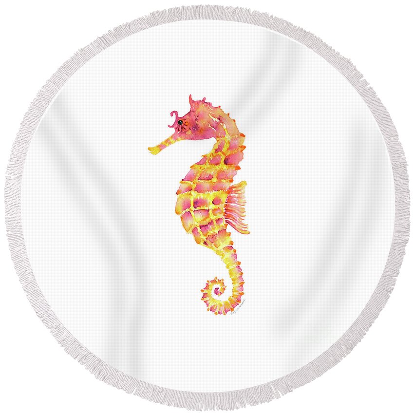 Seahorse Painting Round Beach Towel featuring the painting Pink Yellow Seahorse - Square by Amy Kirkpatrick