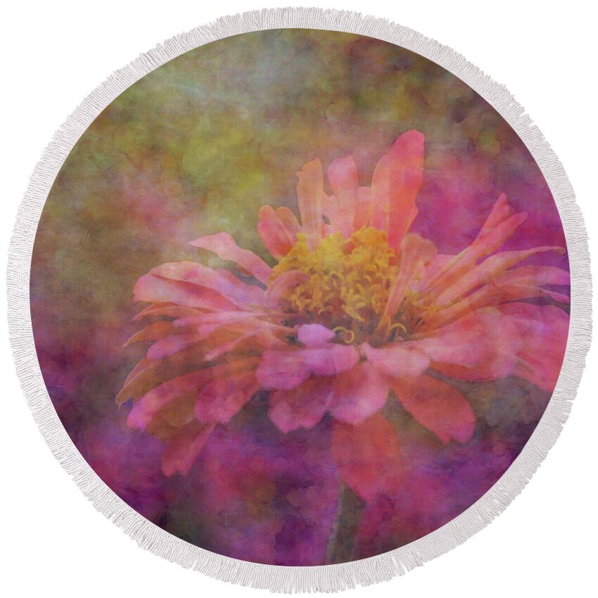 Impressionist Round Beach Towel featuring the photograph Pink Zinnia In The Ethereal Plain 3038 IDP_2 by Steven Ward