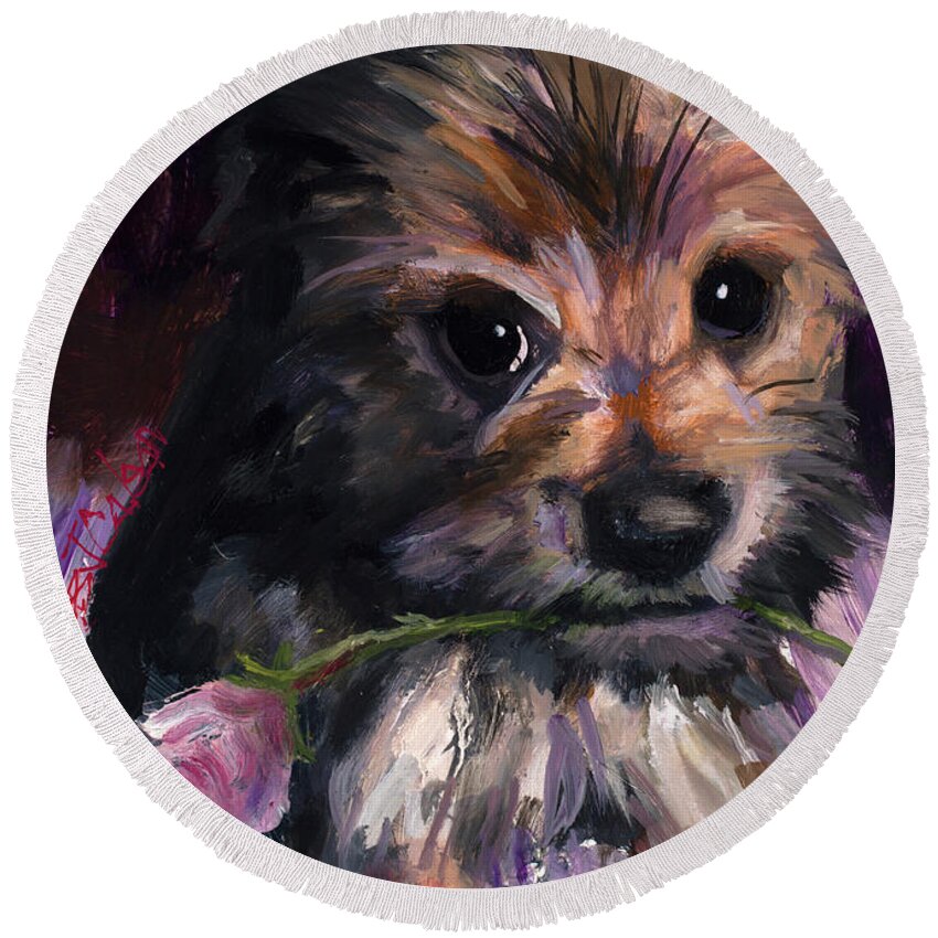 Yorkie Round Beach Towel featuring the painting Pint Sized Love by Billie Colson