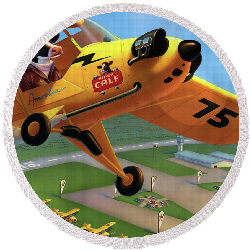 Piper Cub Plane Round Beach Towel featuring the painting Piper AirCraft Poster by Robin Moline