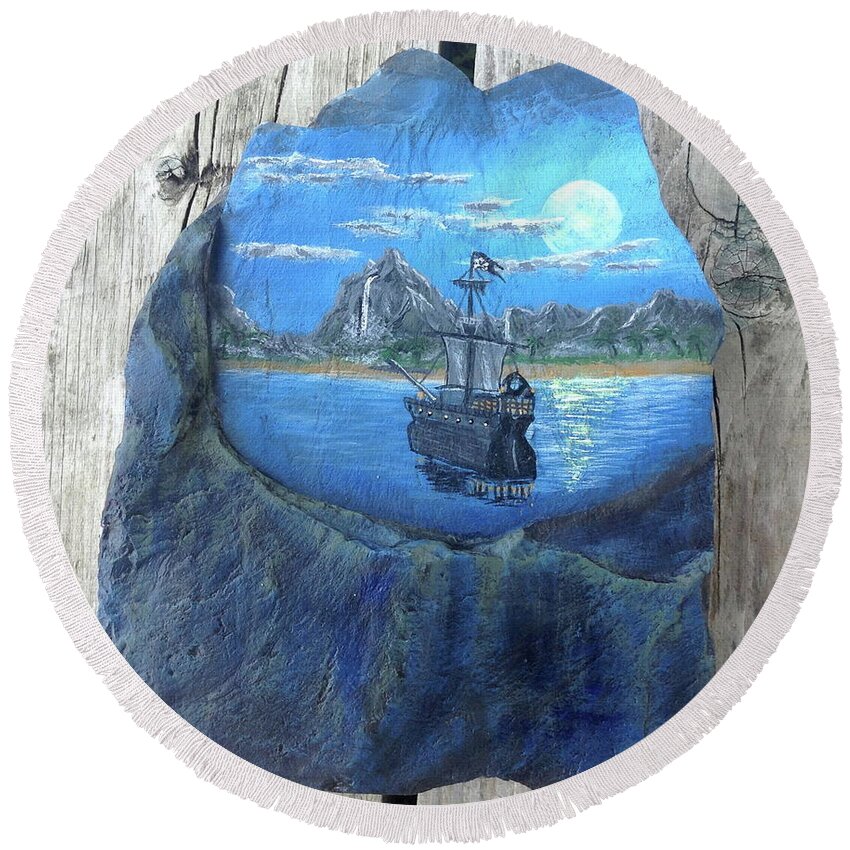 Pirate Round Beach Towel featuring the painting Pirate Ship rock painting by Monika Shepherdson