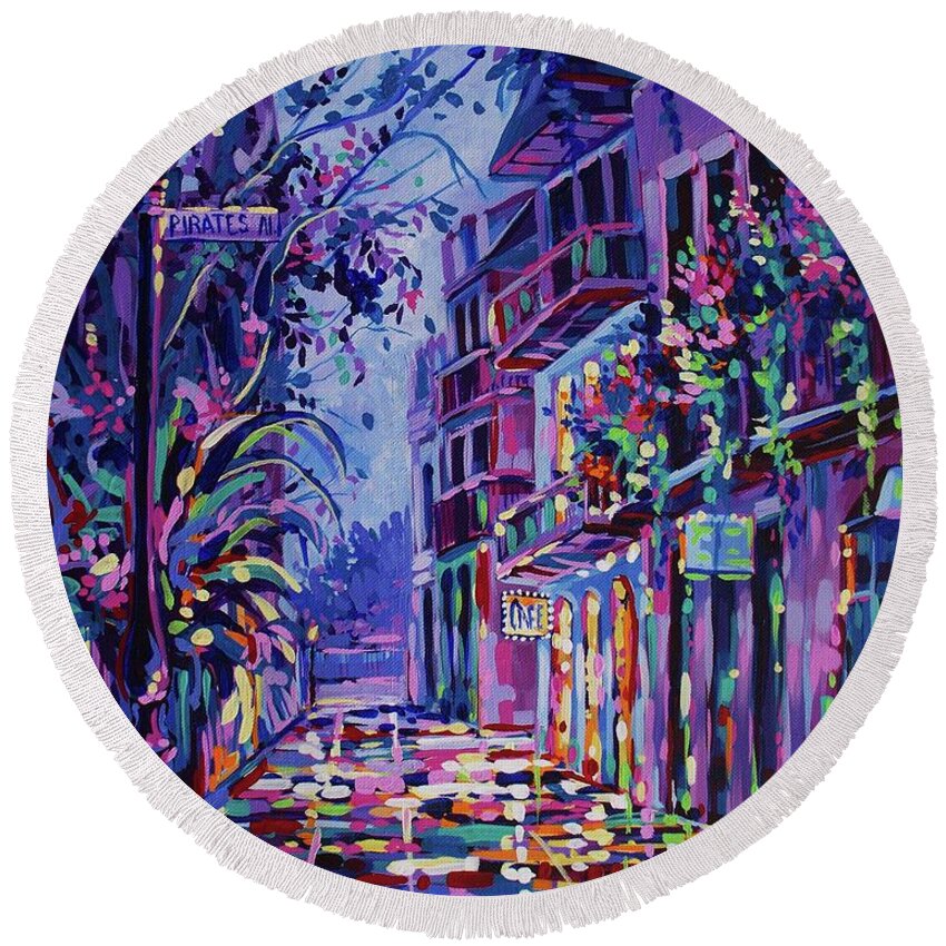 New Orleans Round Beach Towel featuring the painting New Orleans Pirates Ally Mid Summer Nights Dream by Elaine Cummins