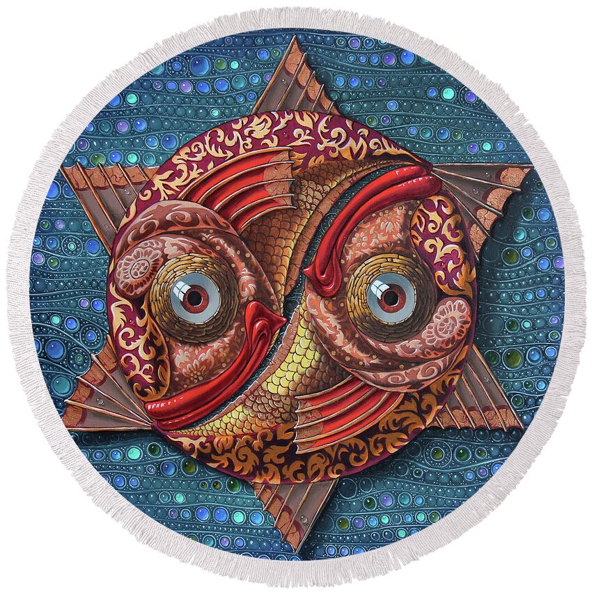 Pisces Round Beach Towel featuring the painting Pisces by Victor Molev