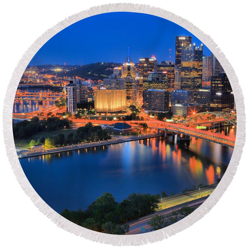 Pittsburgh Round Beach Towel featuring the photograph Pittsburgh Evening Glow by Adam Jewell