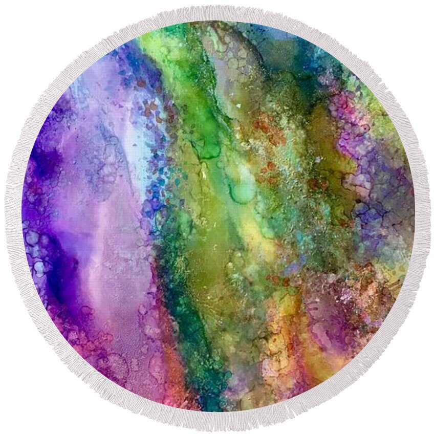 Abstract. Round Beach Towel featuring the painting Placid Colors by Nancy Koehler