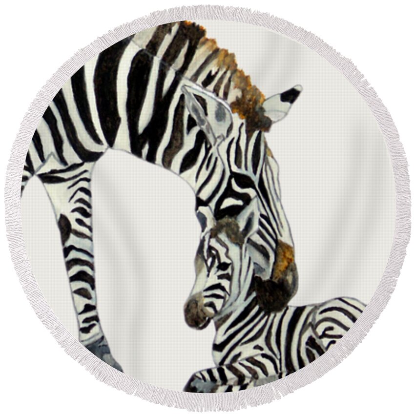 Zebra Round Beach Towel featuring the painting Plains Zebras by Angeles M Pomata