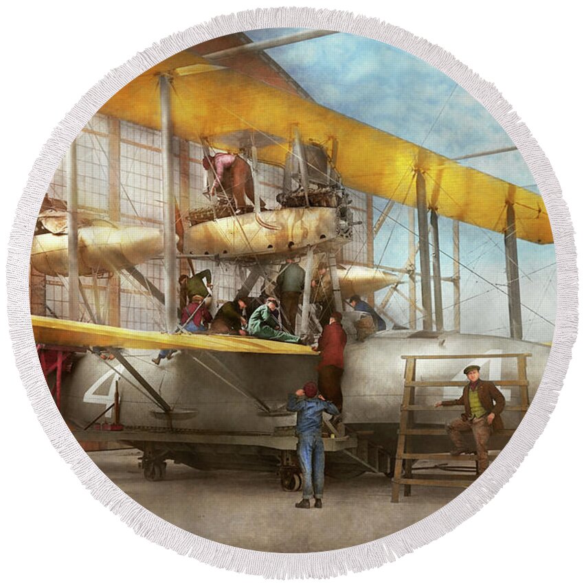 Color Round Beach Towel featuring the photograph Plane - Biplane - Getting ready for a long flight 1919 by Mike Savad