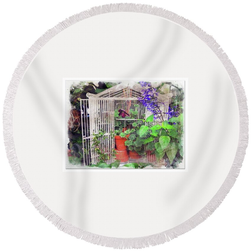 Plants Flowers Bird Cage Green House Round Beach Towel featuring the digital art Plants In The Bird Cage by Kathleen Moroney