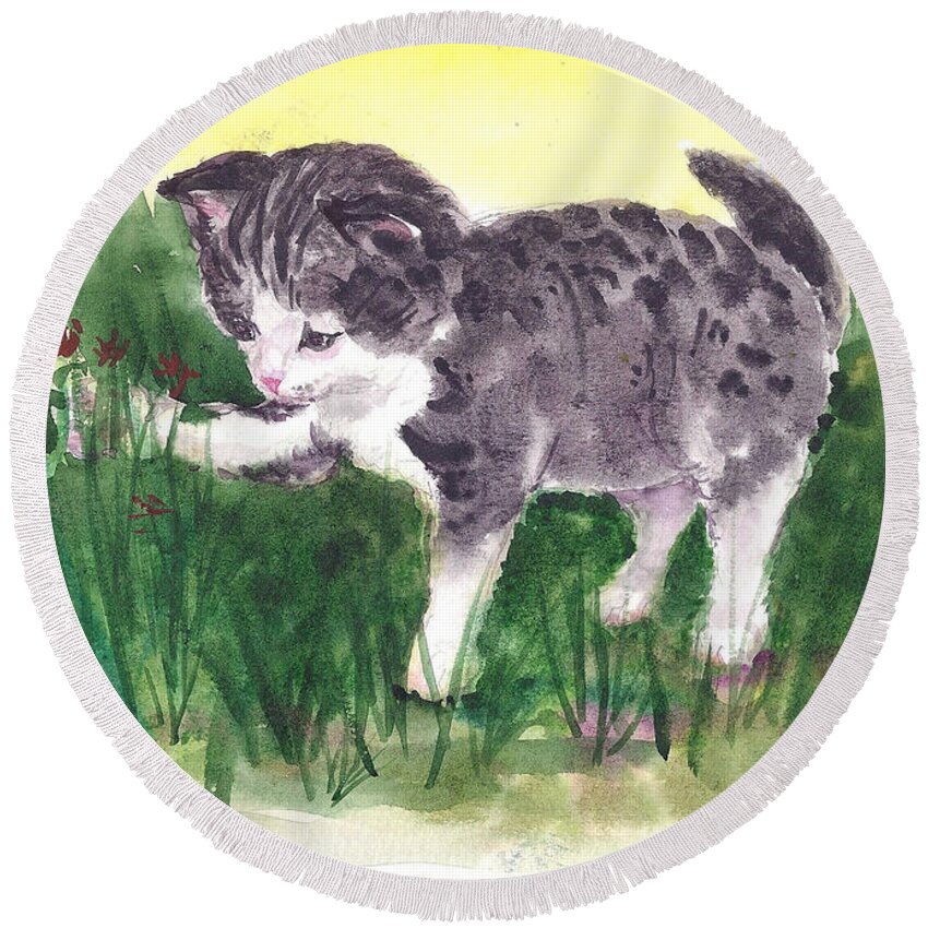 Kitten Round Beach Towel featuring the painting Playful Kitten by Asha Sudhaker Shenoy